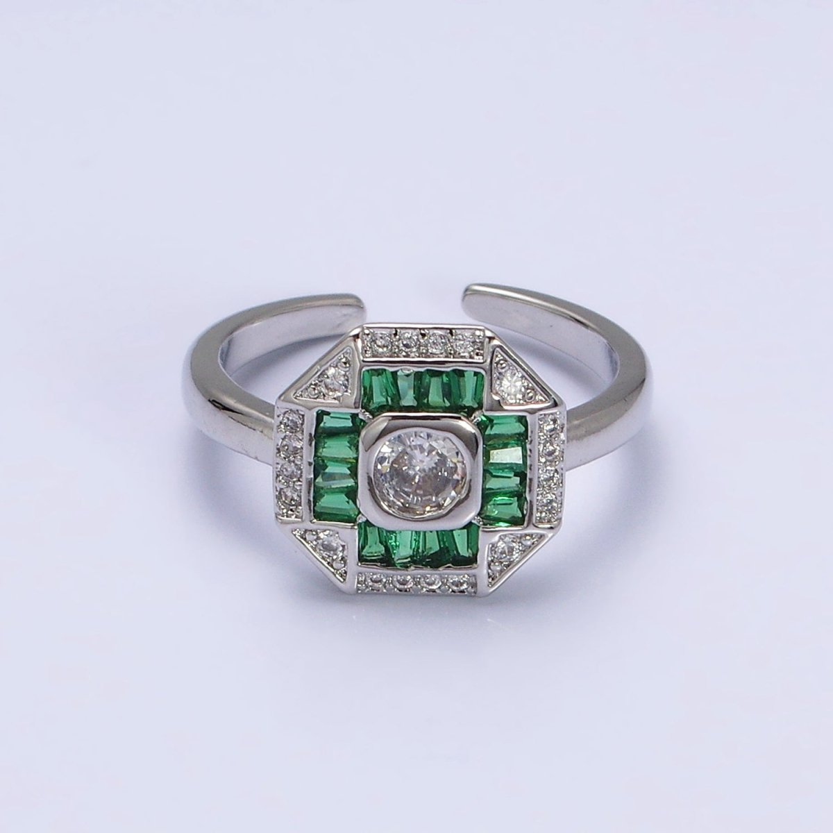 16K Gold Filled Green, Fuchsia CZ Baguette Micro Paved Hexagonal Ring in Gold & Silver | O-1589 O-1590 O-1591 O-1592