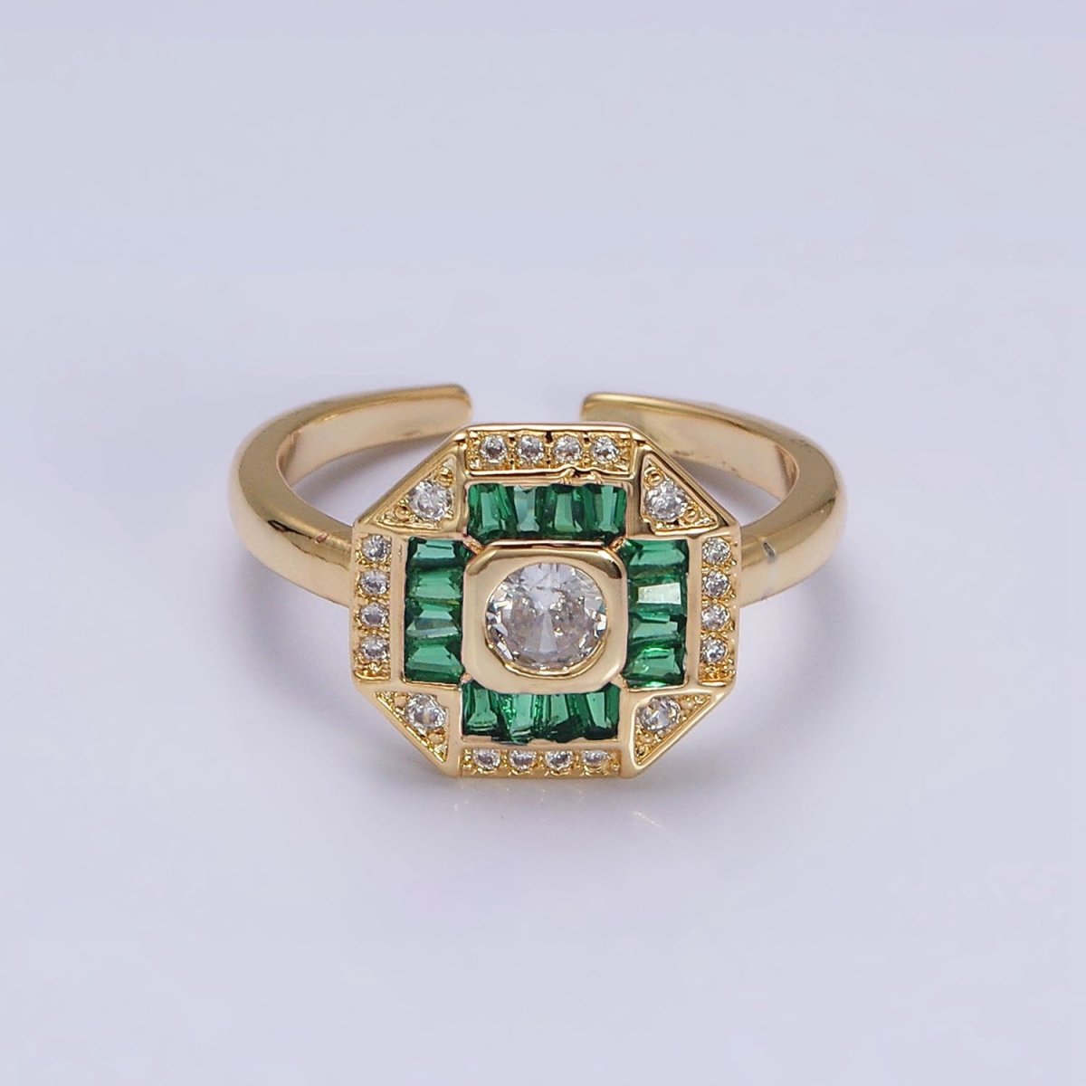 16K Gold Filled Green, Fuchsia CZ Baguette Micro Paved Hexagonal Ring in Gold & Silver | O-1589 O-1590 O-1591 O-1592