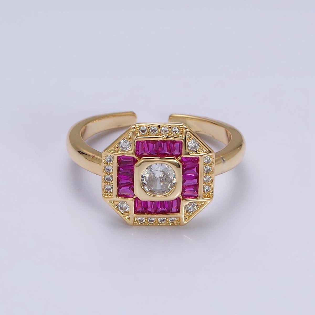 16K Gold Filled Green, Fuchsia CZ Baguette Micro Paved Hexagonal Ring in Gold & Silver | O-1589 O-1590 O-1591 O-1592
