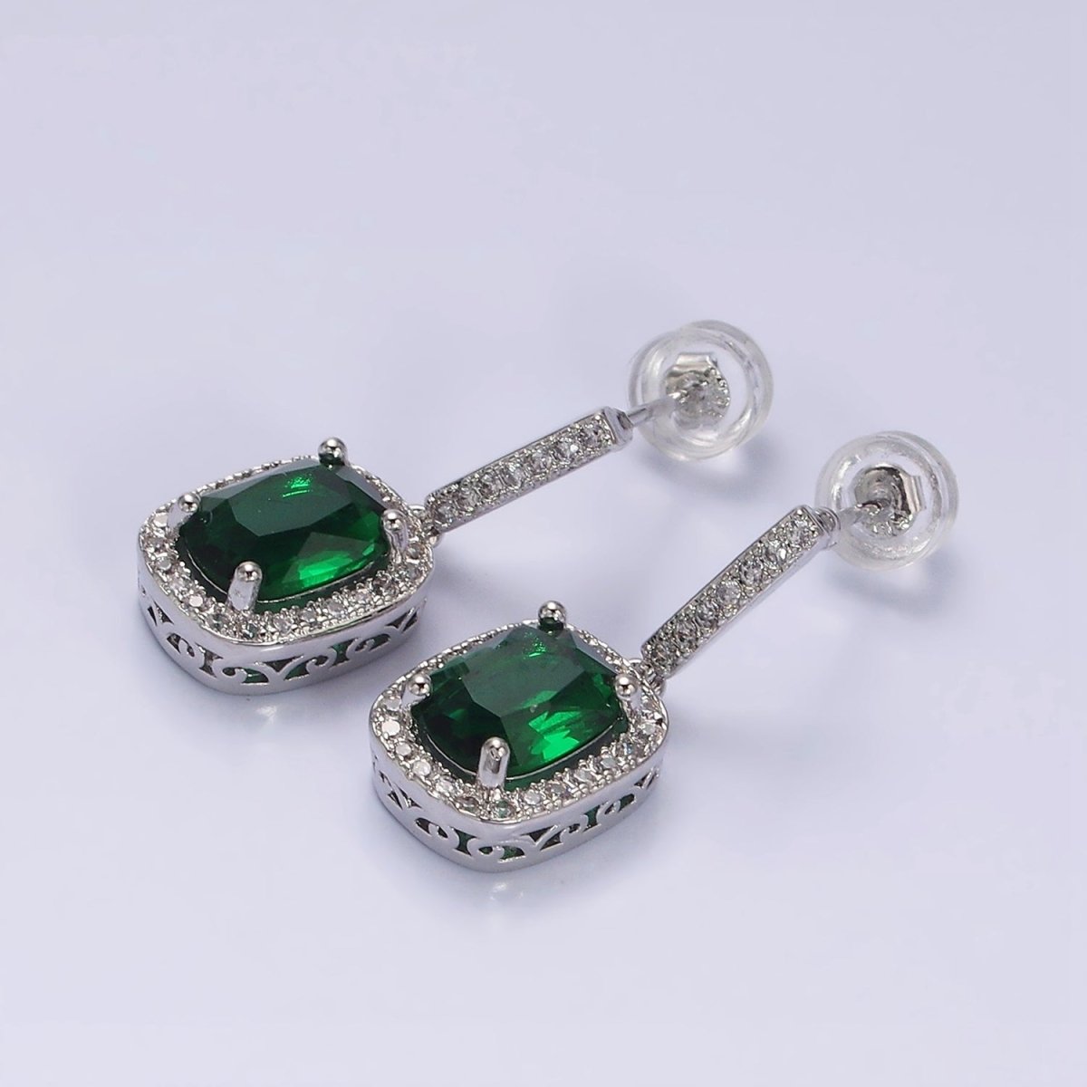 16K Gold Filled Green Oval CZ Micro Paved CZ Linear Drop Stud Earrings in Gold & Silver | AD1267 AD1268