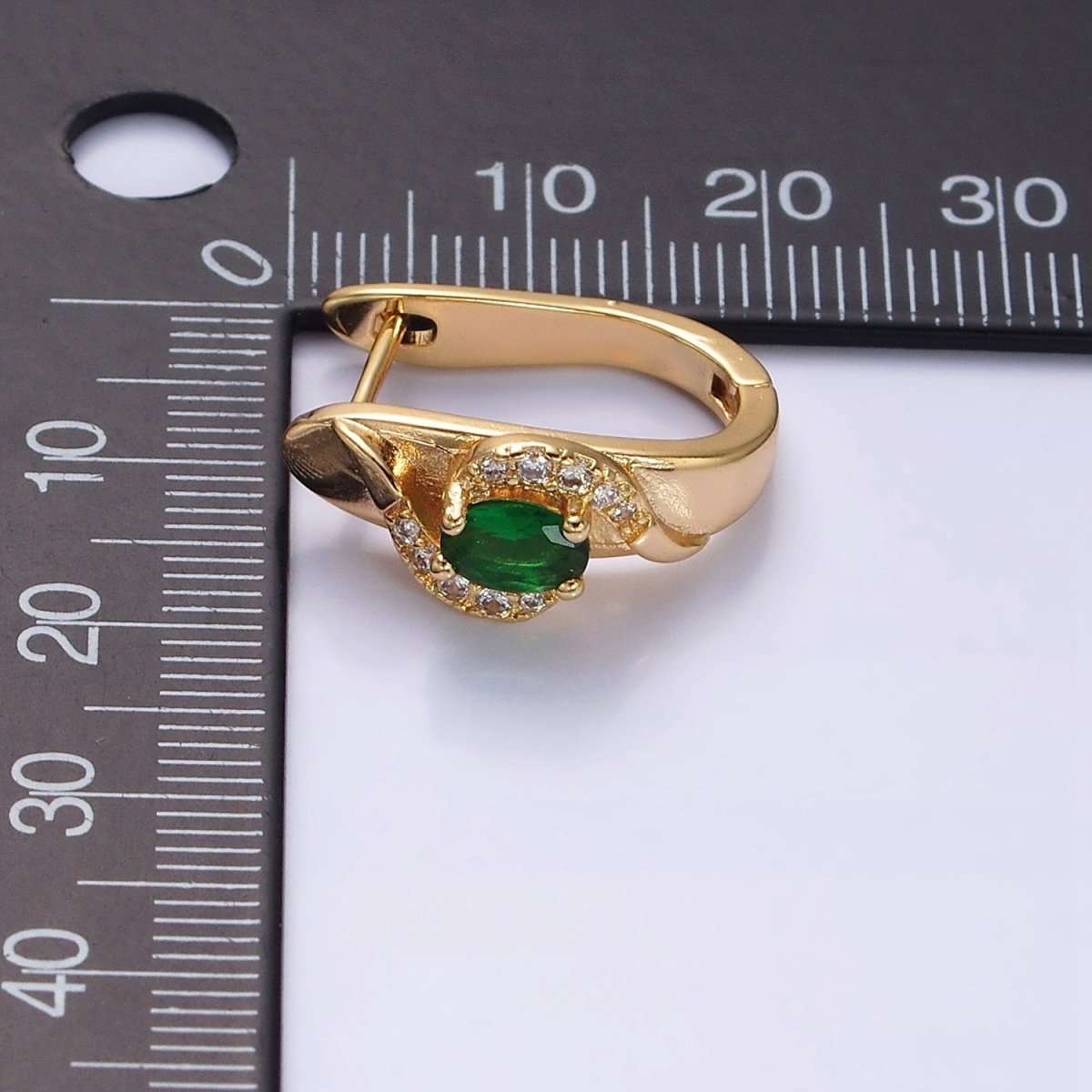 16K Gold Filled Green Oval Micro Paved Curved English Lock Earrings in Gold & Silver | AD-345 AD-346