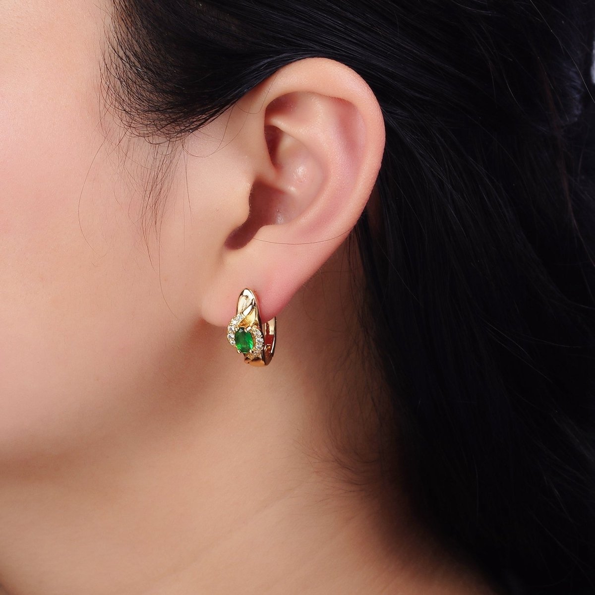 16K Gold Filled Green Oval Micro Paved Curved English Lock Earrings in Gold & Silver | AD-345 AD-346