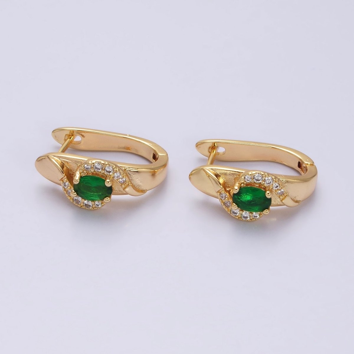 16K Gold Filled Green Oval Micro Paved Curved English Lock Earrings in Gold & Silver | AD-345 AD-346
