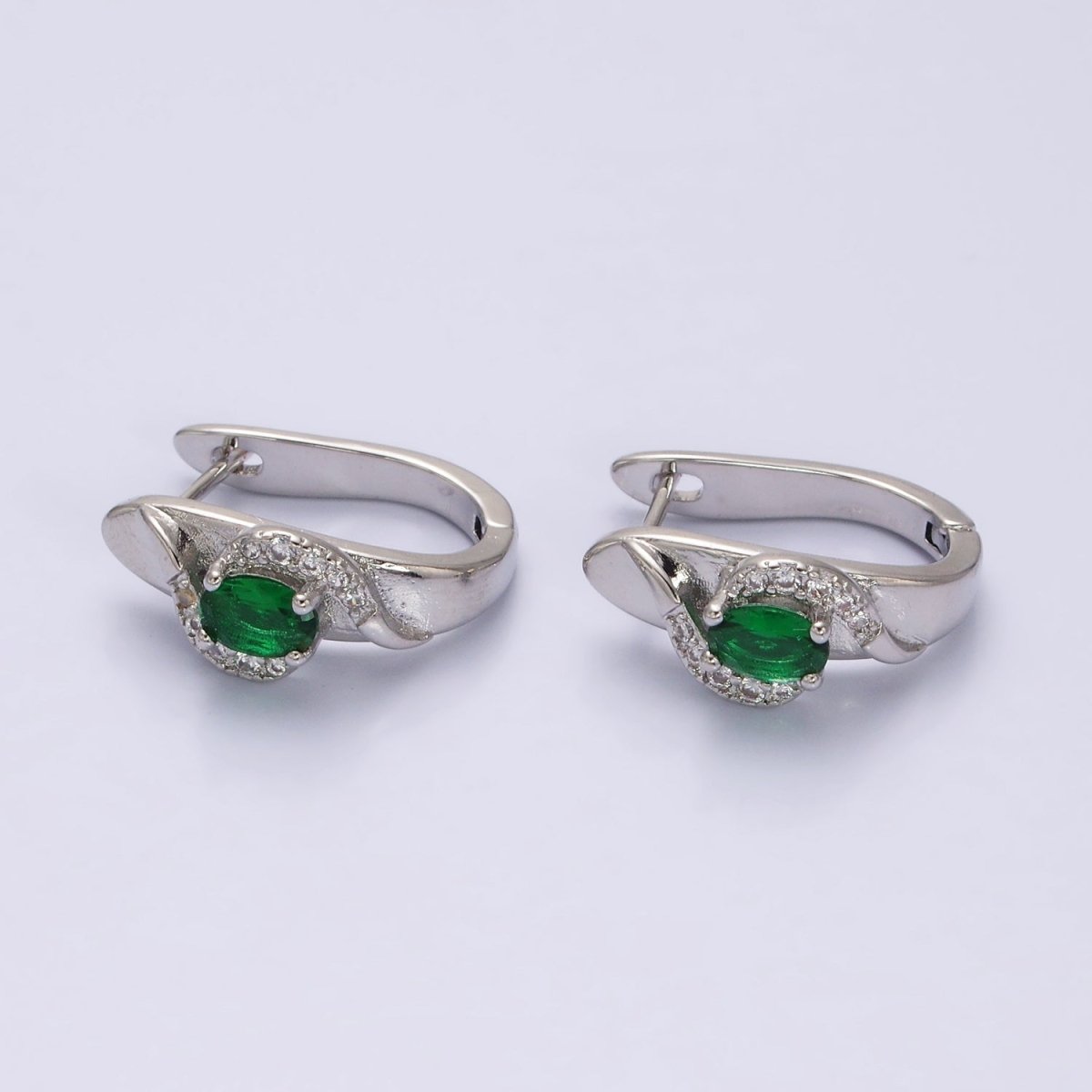 16K Gold Filled Green Oval Micro Paved Curved English Lock Earrings in Gold & Silver | AD-345 AD-346