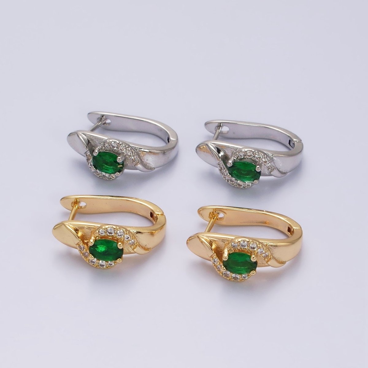 16K Gold Filled Green Oval Micro Paved Curved English Lock Earrings in Gold & Silver | AD-345 AD-346