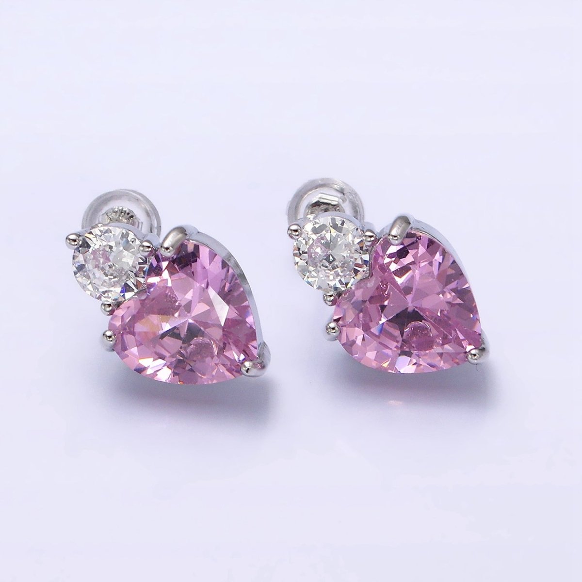 16K Gold Filled Green, Pink Heart Round CZ Stud Earrings in Gold & Silver | AD1074 - AD1077