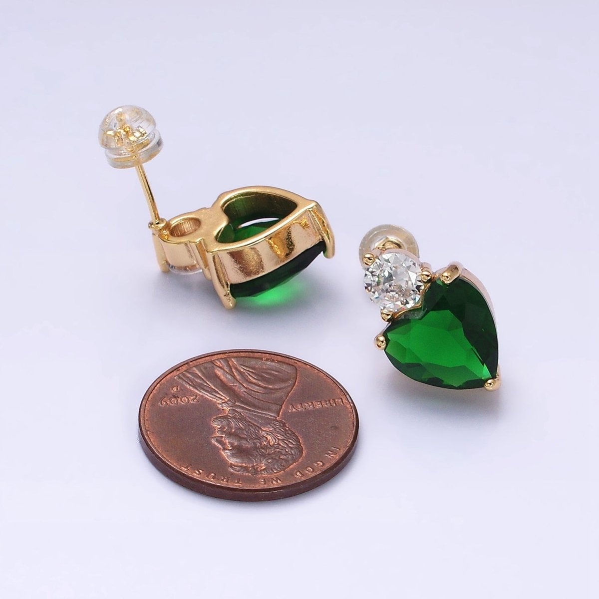 16K Gold Filled Green, Pink Heart Round CZ Stud Earrings in Gold & Silver | AD1074 - AD1077