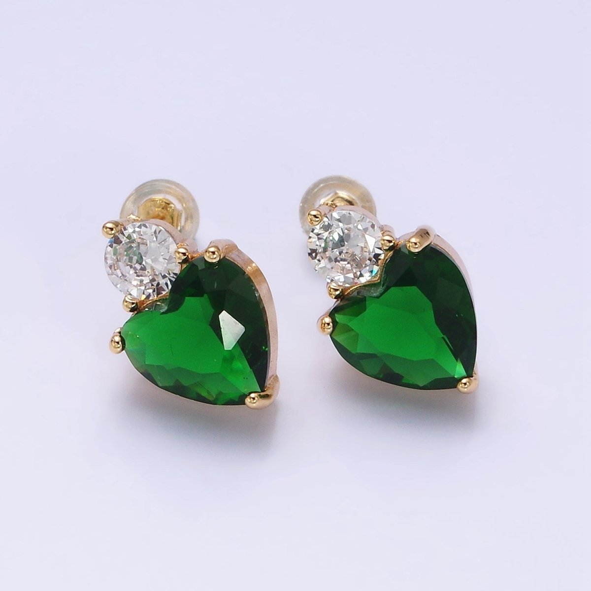 16K Gold Filled Green, Pink Heart Round CZ Stud Earrings in Gold & Silver | AD1074 - AD1077