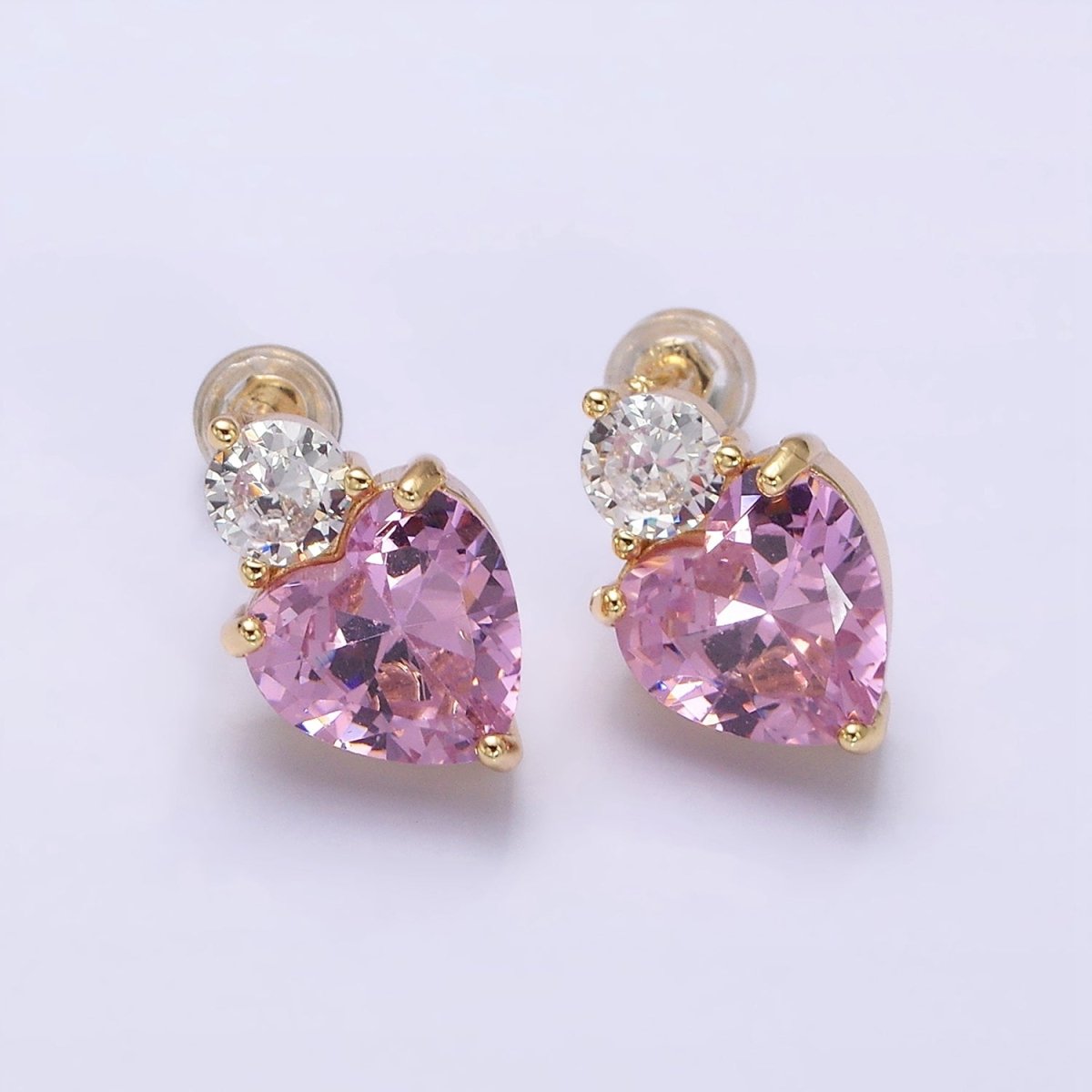 16K Gold Filled Green, Pink Heart Round CZ Stud Earrings in Gold & Silver | AD1074 - AD1077