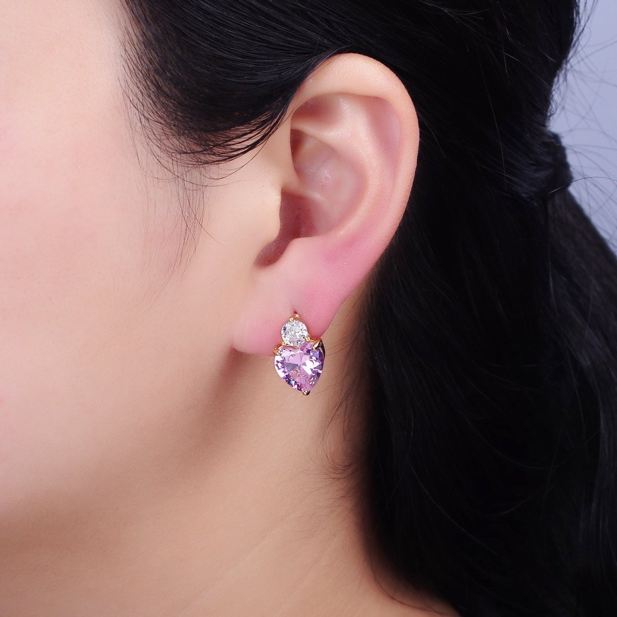 16K Gold Filled Green, Pink Heart Round CZ Stud Earrings in Gold & Silver | AD1074 - AD1077