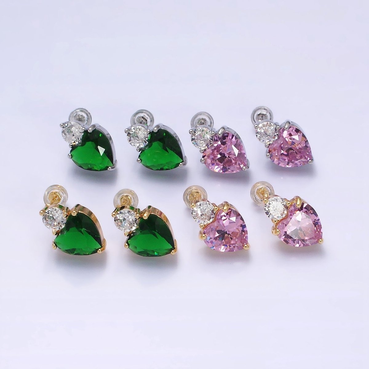 16K Gold Filled Green, Pink Heart Round CZ Stud Earrings in Gold & Silver | AD1074 - AD1077