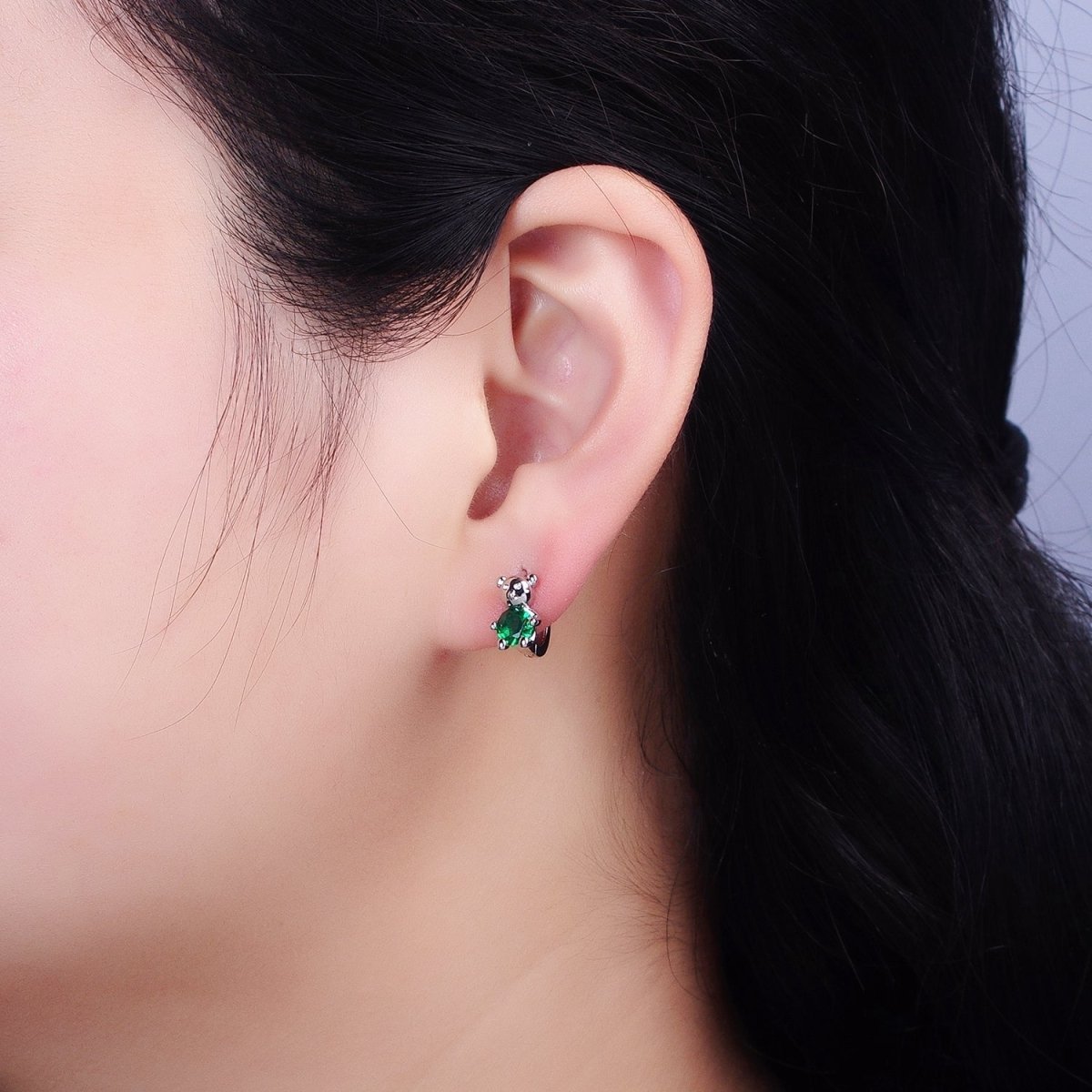 16K Gold Filled Green Round CZ Teddy Bear Animal 11mm Cartilage Huggie Earrings in Silver & Gold | AB650 AD1296