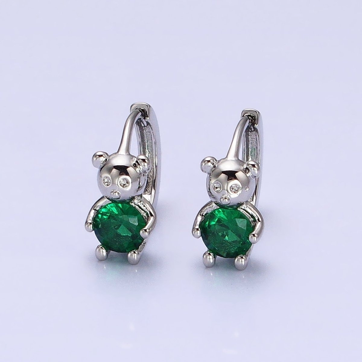16K Gold Filled Green Round CZ Teddy Bear Animal 11mm Cartilage Huggie Earrings in Silver & Gold | AB650 AD1296