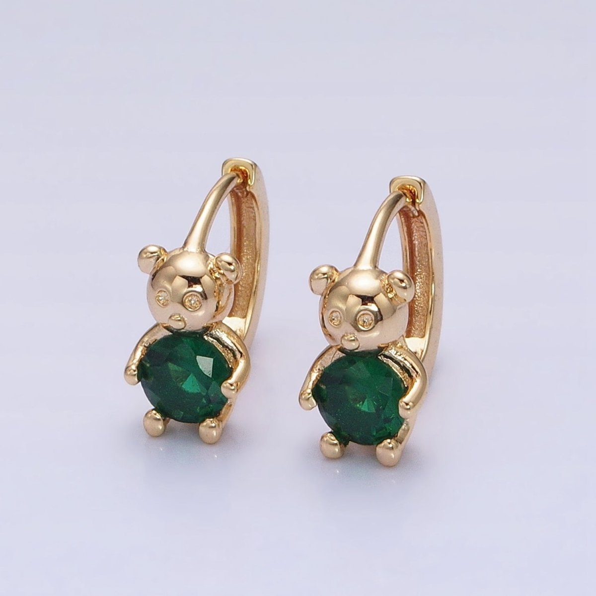 16K Gold Filled Green Round CZ Teddy Bear Animal 11mm Cartilage Huggie Earrings in Silver & Gold | AB650 AD1296