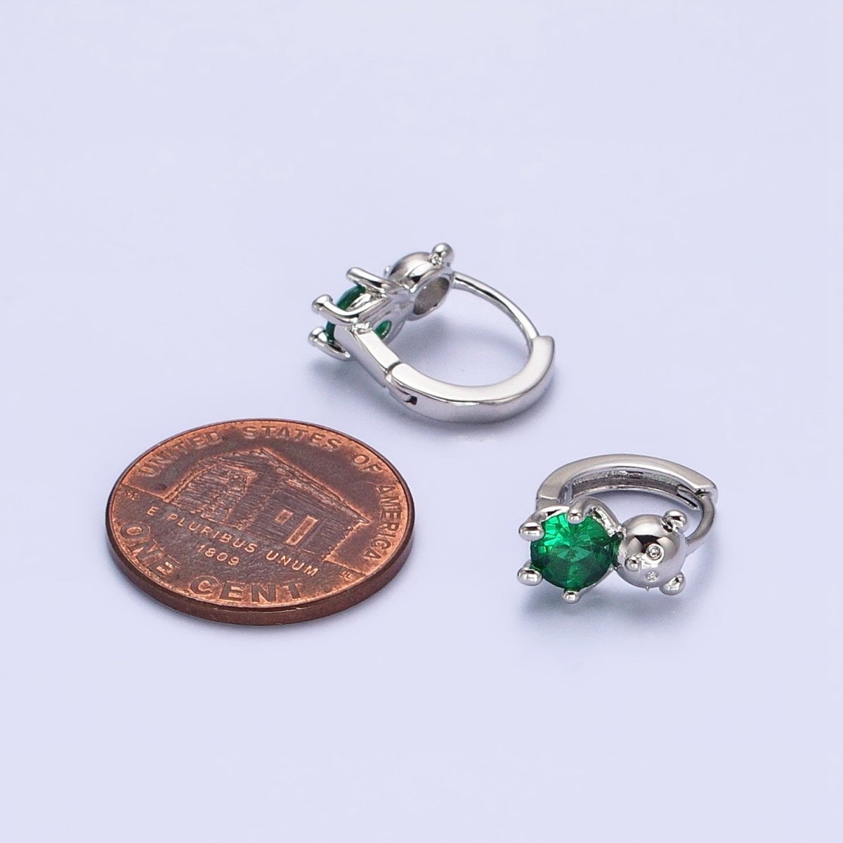 16K Gold Filled Green Round CZ Teddy Bear Animal 11mm Cartilage Huggie Earrings in Silver & Gold | AB650 AD1296