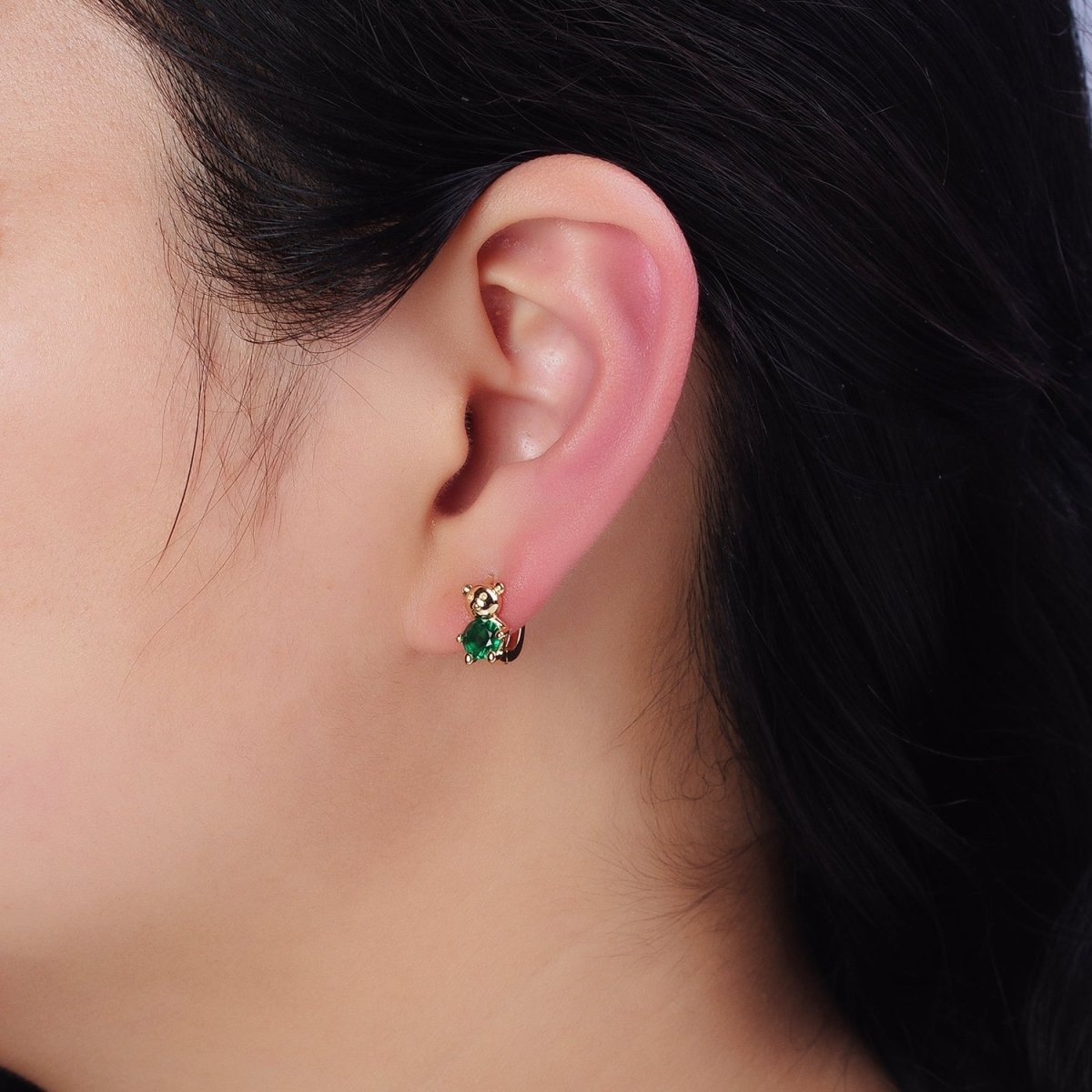 16K Gold Filled Green Round CZ Teddy Bear Animal 11mm Cartilage Huggie Earrings in Silver & Gold | AB650 AD1296