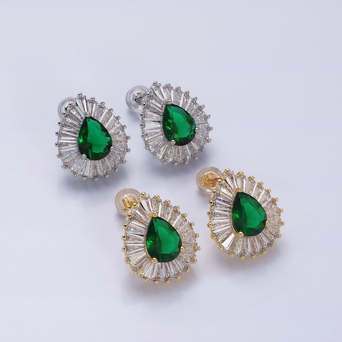 16K Gold Filled Green Teardrop CZ Baguette Stud Earrings in Gold & Silver | AD1084 AD1085