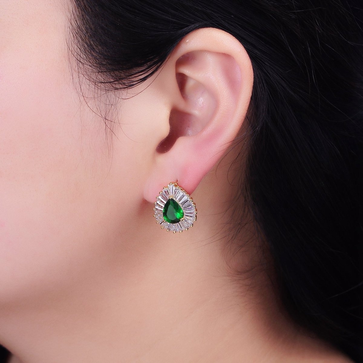 16K Gold Filled Green Teardrop CZ Baguette Stud Earrings in Gold & Silver | AD1084 AD1085