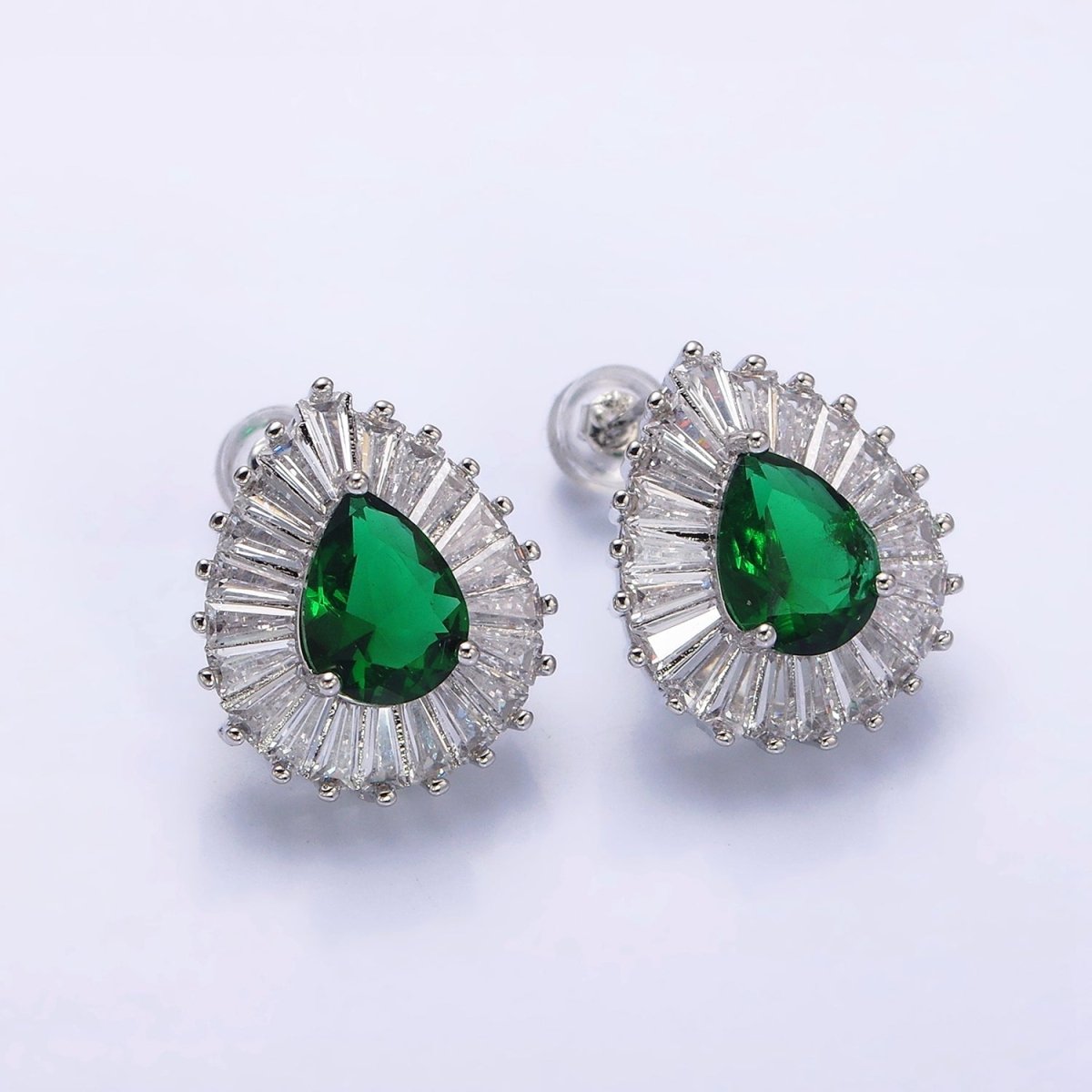16K Gold Filled Green Teardrop CZ Baguette Stud Earrings in Gold & Silver | AD1084 AD1085