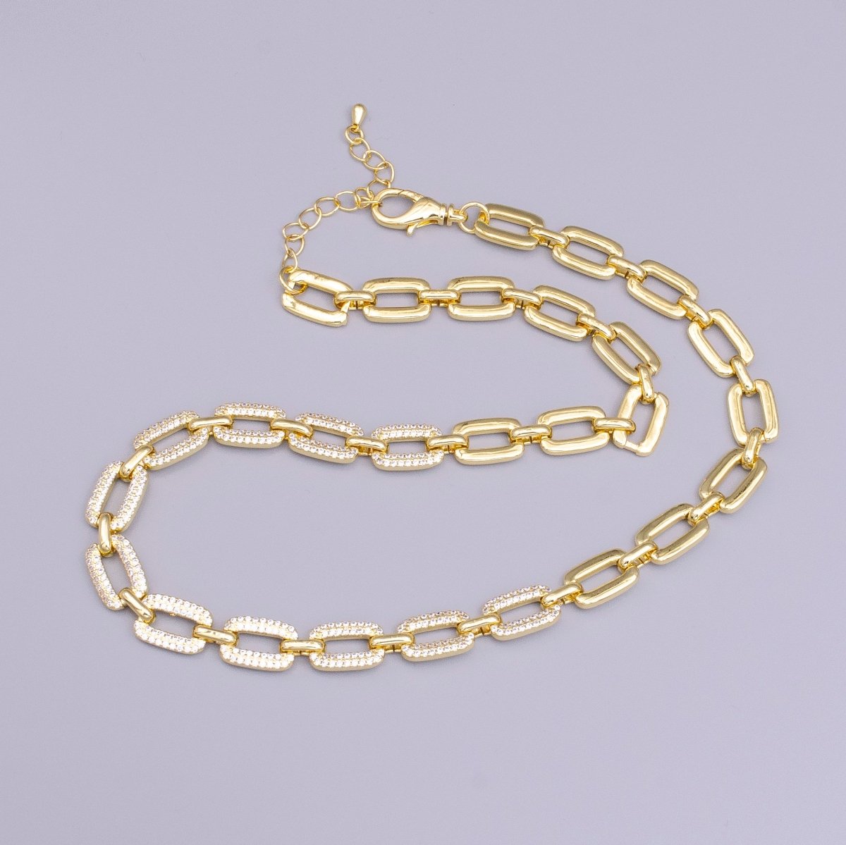 16K Gold Filled Half Micro Paved CZ Unique Paperclip 17 Inch Chain Necklace in Gold & Silver | WA-1892 WA-1893 Clearance Pricing