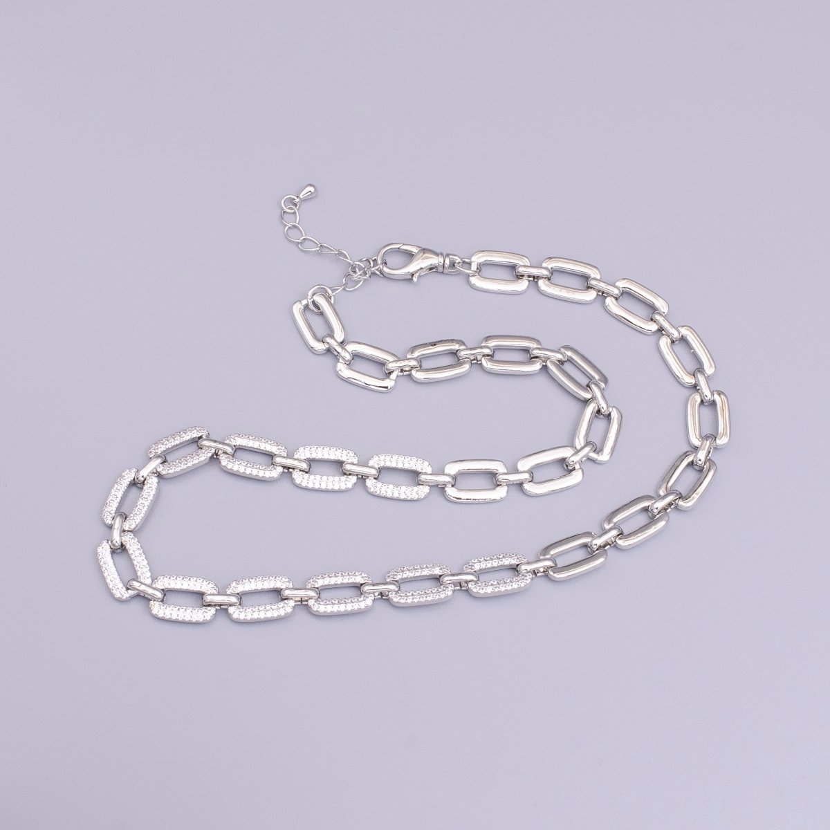 16K Gold Filled Half Micro Paved CZ Unique Paperclip 17 Inch Chain Necklace in Gold & Silver | WA-1892 WA-1893 Clearance Pricing