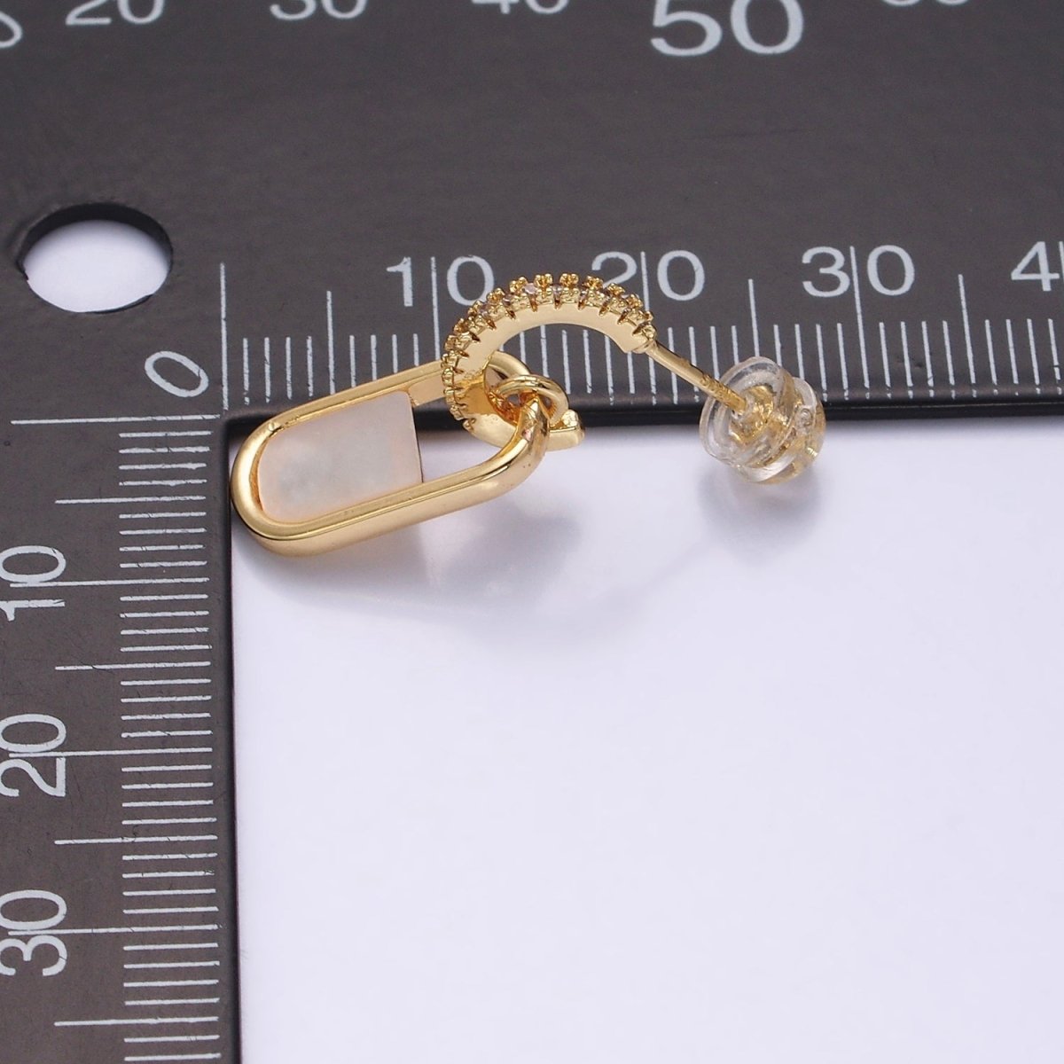16K Gold Filled Half Shell Pearl Open Oblong Link Drop Micro Paved C-Shaped Hoop Earrings in Gold & Silver | AD-319 AD-320