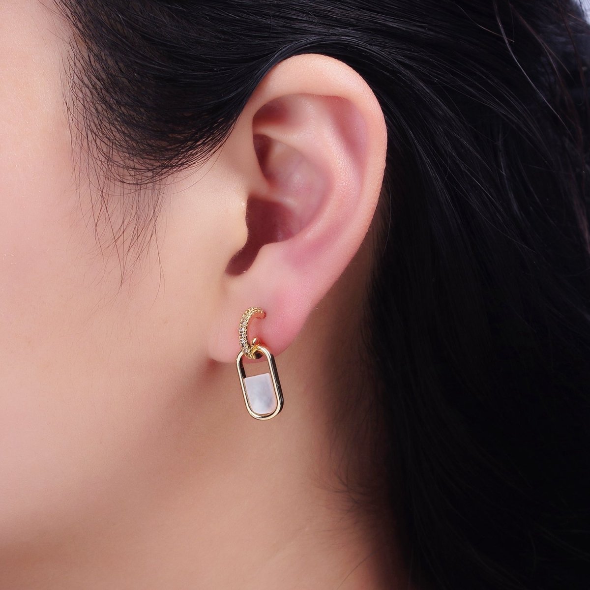16K Gold Filled Half Shell Pearl Open Oblong Link Drop Micro Paved C-Shaped Hoop Earrings in Gold & Silver | AD-319 AD-320