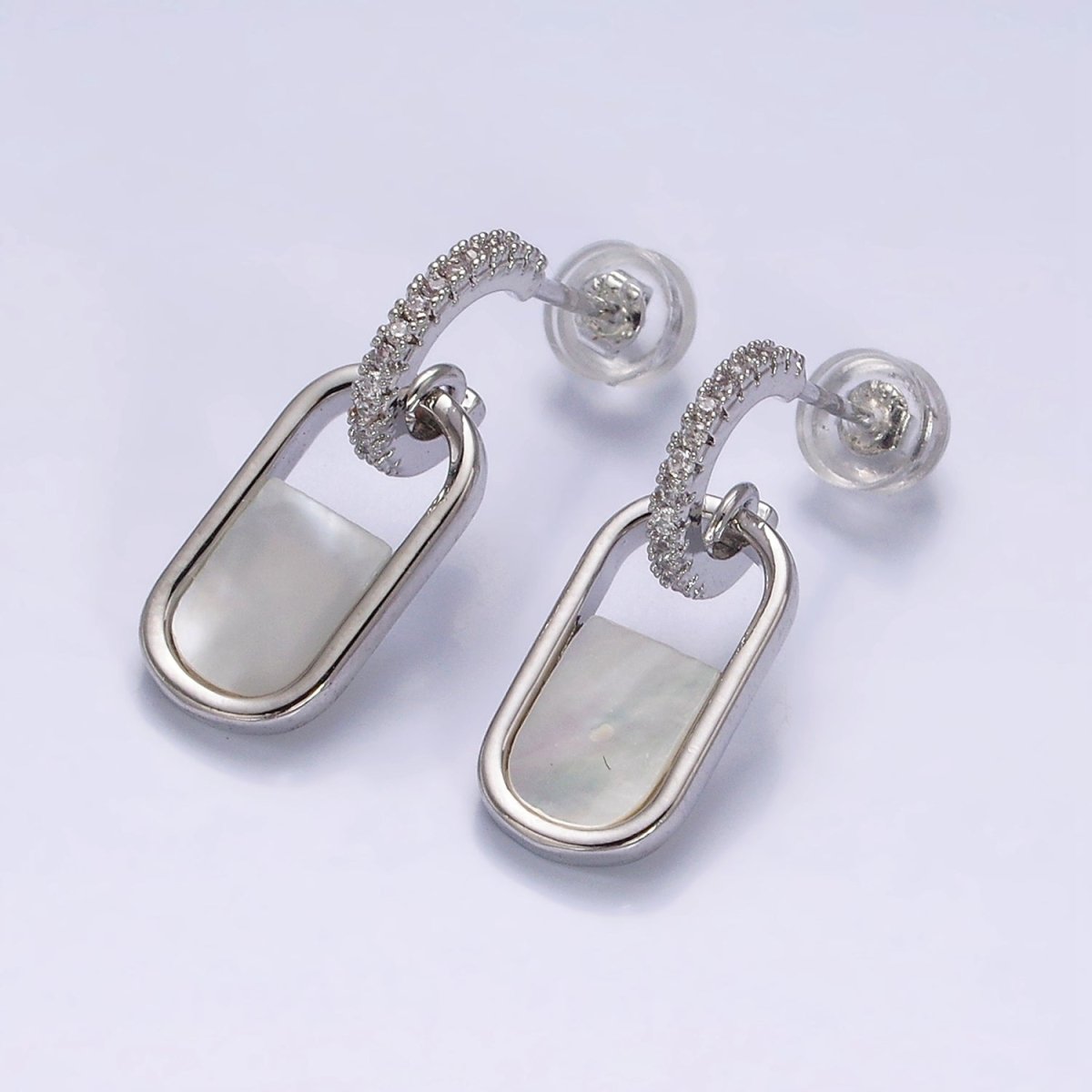 16K Gold Filled Half Shell Pearl Open Oblong Link Drop Micro Paved C-Shaped Hoop Earrings in Gold & Silver | AD-319 AD-320