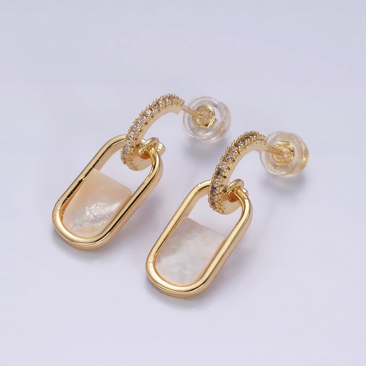 16K Gold Filled Half Shell Pearl Open Oblong Link Drop Micro Paved C-Shaped Hoop Earrings in Gold & Silver | AD-319 AD-320