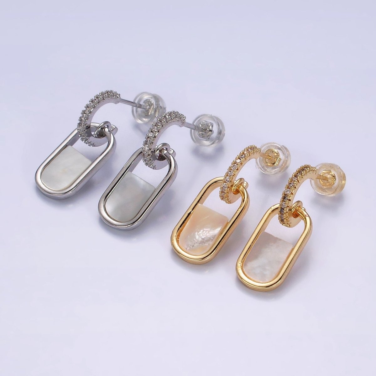16K Gold Filled Half Shell Pearl Open Oblong Link Drop Micro Paved C-Shaped Hoop Earrings in Gold & Silver | AD-319 AD-320