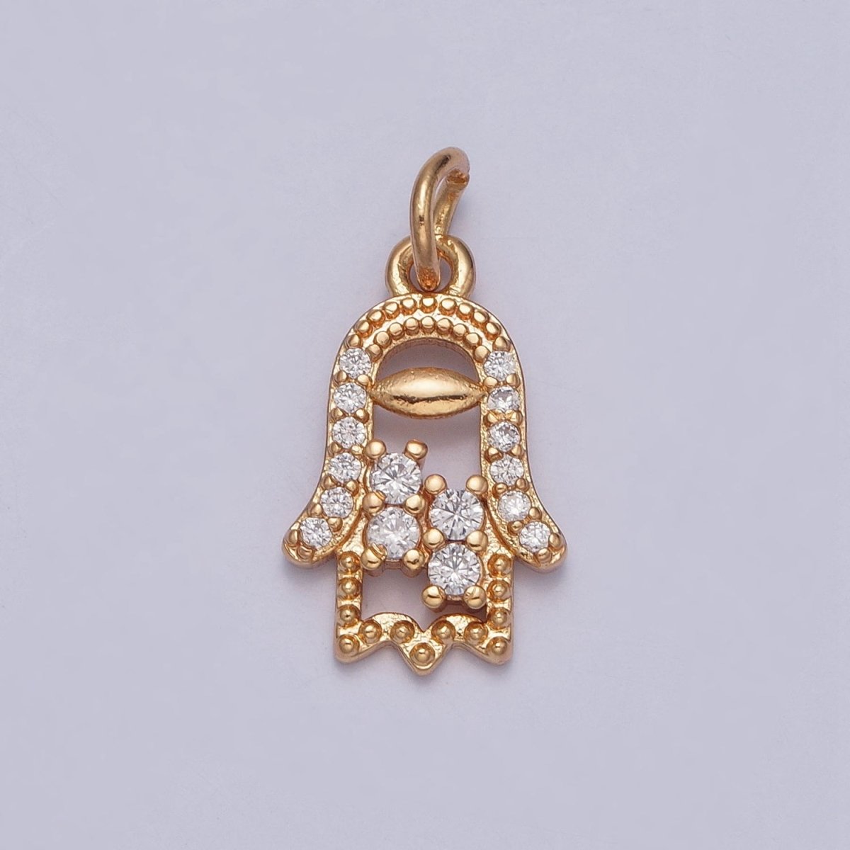 16K Gold Filled Hamsa Hand Beaded Micro Paved Cubic Zirconia Protection Charm | X-240