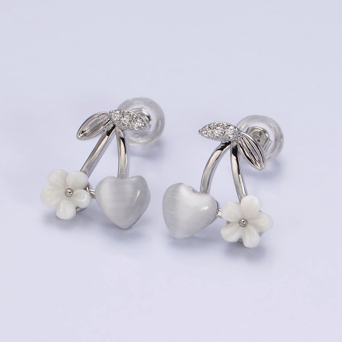 16K Gold Filled Heart Cats Eye Acrylic White Flower Cherry Stud Earrings in Gold & Silver | AD1234 AD1236