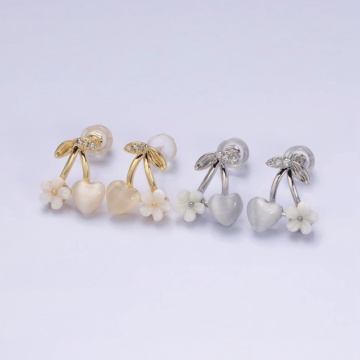 16K Gold Filled Heart Cats Eye Acrylic White Flower Cherry Stud Earrings in Gold & Silver | AD1234 AD1236