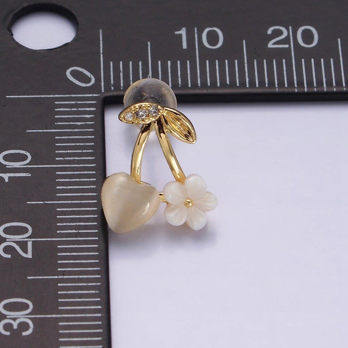 16K Gold Filled Heart Cats Eye Acrylic White Flower Cherry Stud Earrings in Gold & Silver | AD1234 AD1236