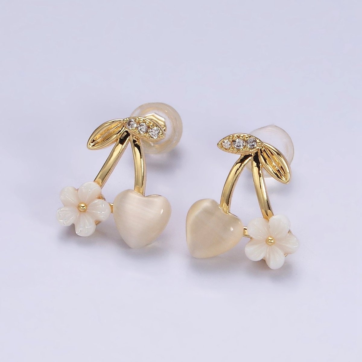 16K Gold Filled Heart Cats Eye Acrylic White Flower Cherry Stud Earrings in Gold & Silver | AD1234 AD1236