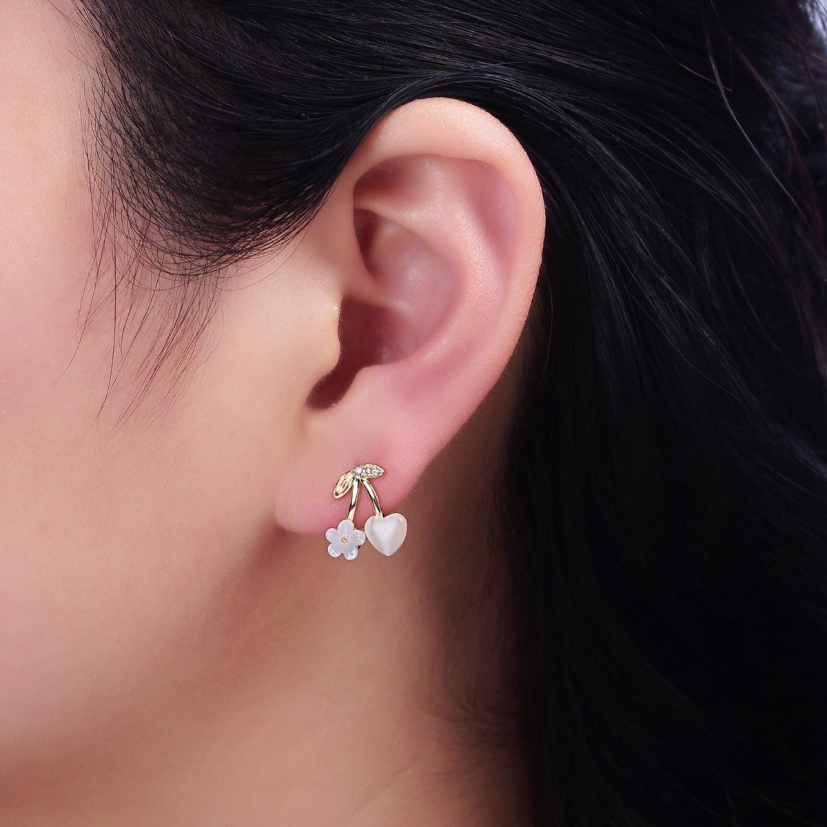 16K Gold Filled Heart Cats Eye Acrylic White Flower Cherry Stud Earrings in Gold & Silver | AD1234 AD1236