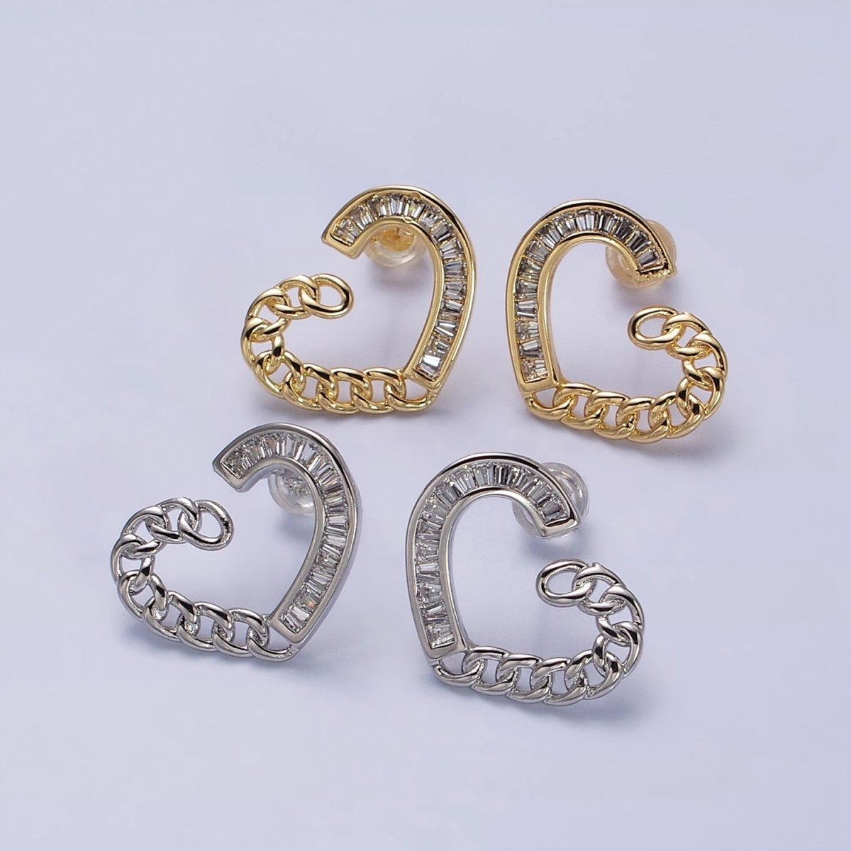 16K Gold Filled Heart Curb Link Baguette Lined Stud Earrings in Gold & Silver | AD988 AD989