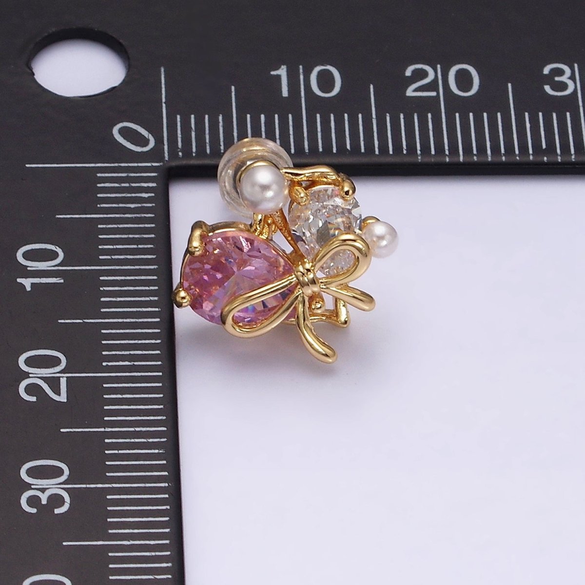 16K Gold Filled Heart Ribbon Tied Pink Clear Teardrop Pearl Stud Earrings in Gold & Silver | AD-383 AD-384