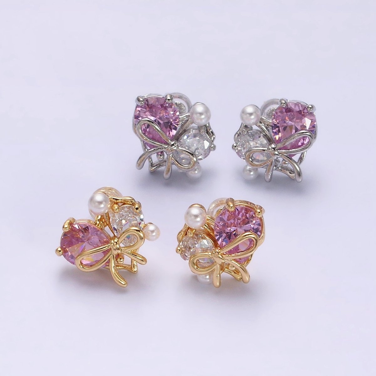 16K Gold Filled Heart Ribbon Tied Pink Clear Teardrop Pearl Stud Earrings in Gold & Silver | AD-383 AD-384