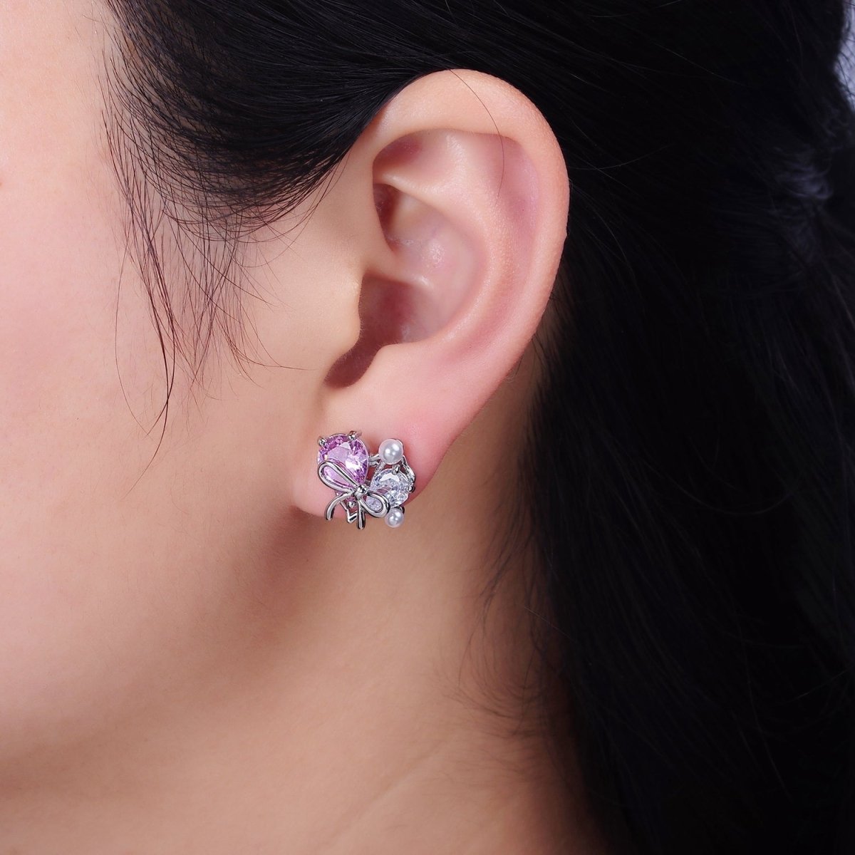 16K Gold Filled Heart Ribbon Tied Pink Clear Teardrop Pearl Stud Earrings in Gold & Silver | AD-383 AD-384