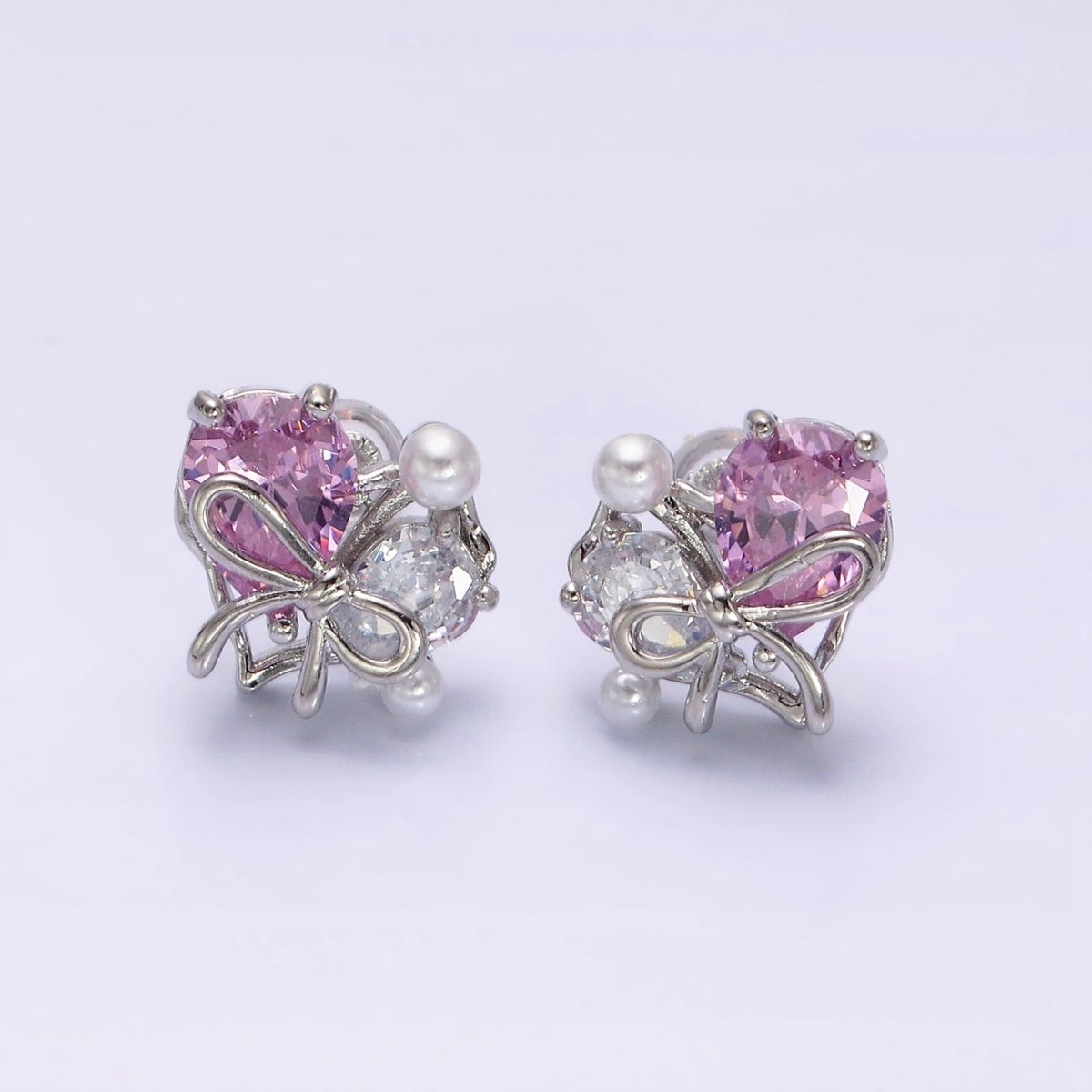 16K Gold Filled Heart Ribbon Tied Pink Clear Teardrop Pearl Stud Earrings in Gold & Silver | AD-383 AD-384
