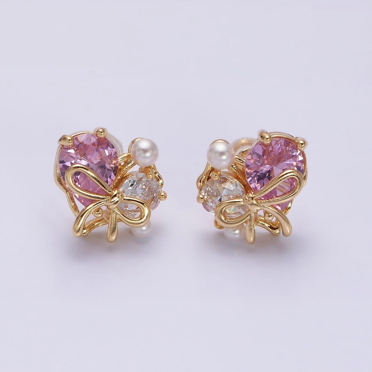16K Gold Filled Heart Ribbon Tied Pink Clear Teardrop Pearl Stud Earrings in Gold & Silver | AD-383 AD-384