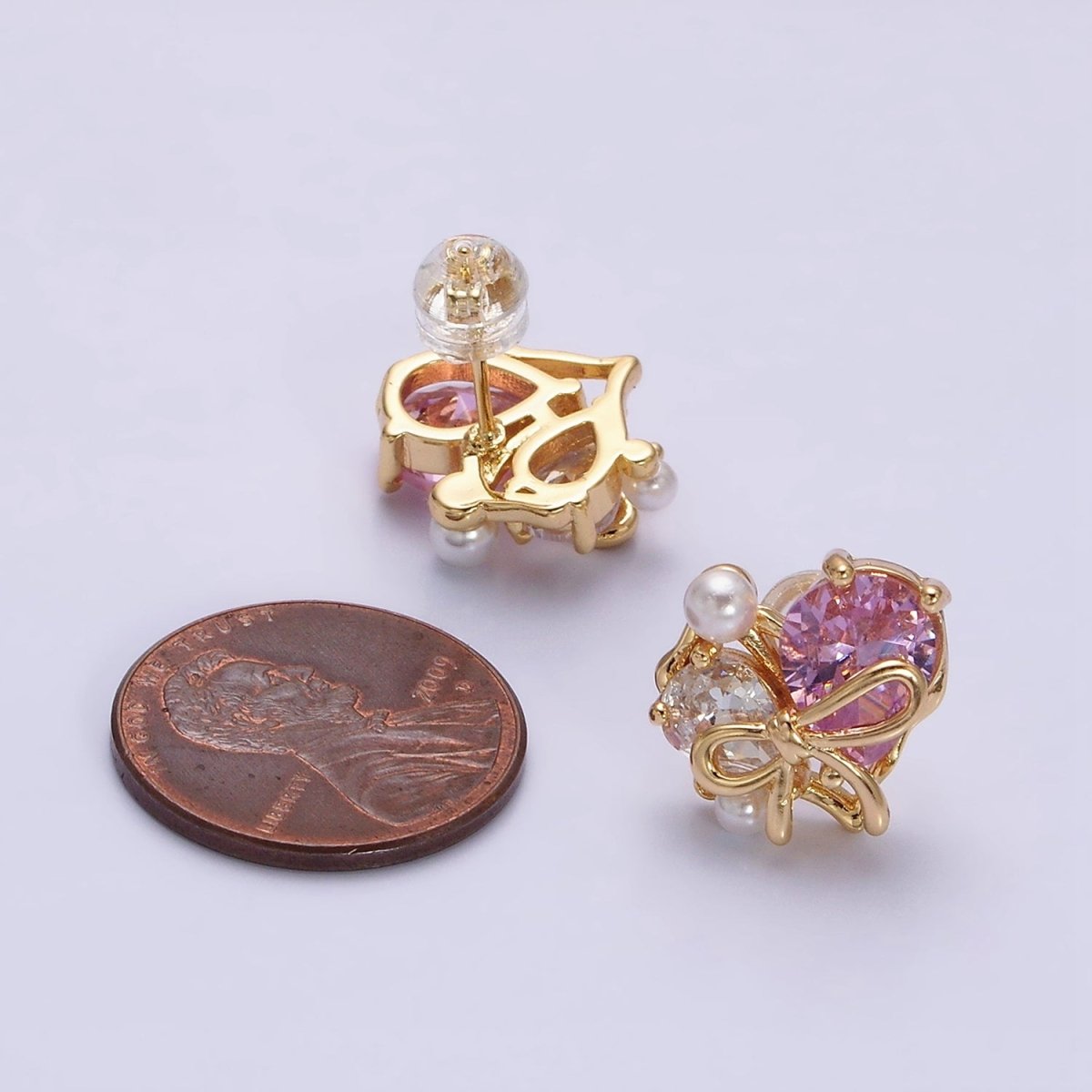 16K Gold Filled Heart Ribbon Tied Pink Clear Teardrop Pearl Stud Earrings in Gold & Silver | AD-383 AD-384