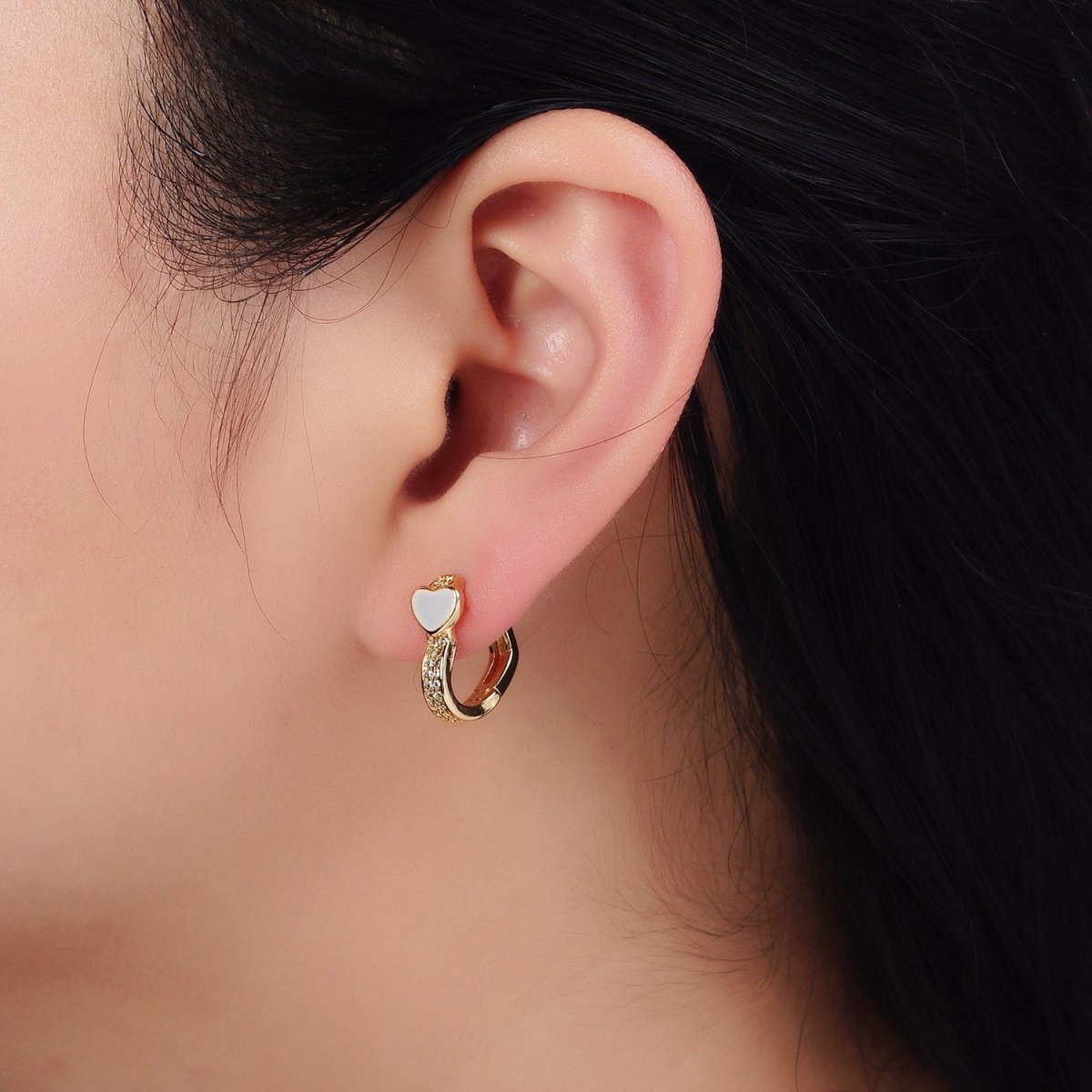 16K Gold Filled Heart White Enamel Micro Paved CZ 15.7mm Huggie Earrings in Gold & Silver | AD-369 AD-370