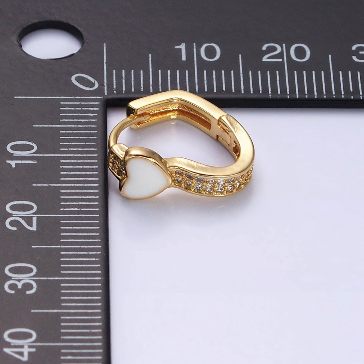 16K Gold Filled Heart White Enamel Micro Paved CZ 15.7mm Huggie Earrings in Gold & Silver | AD-369 AD-370