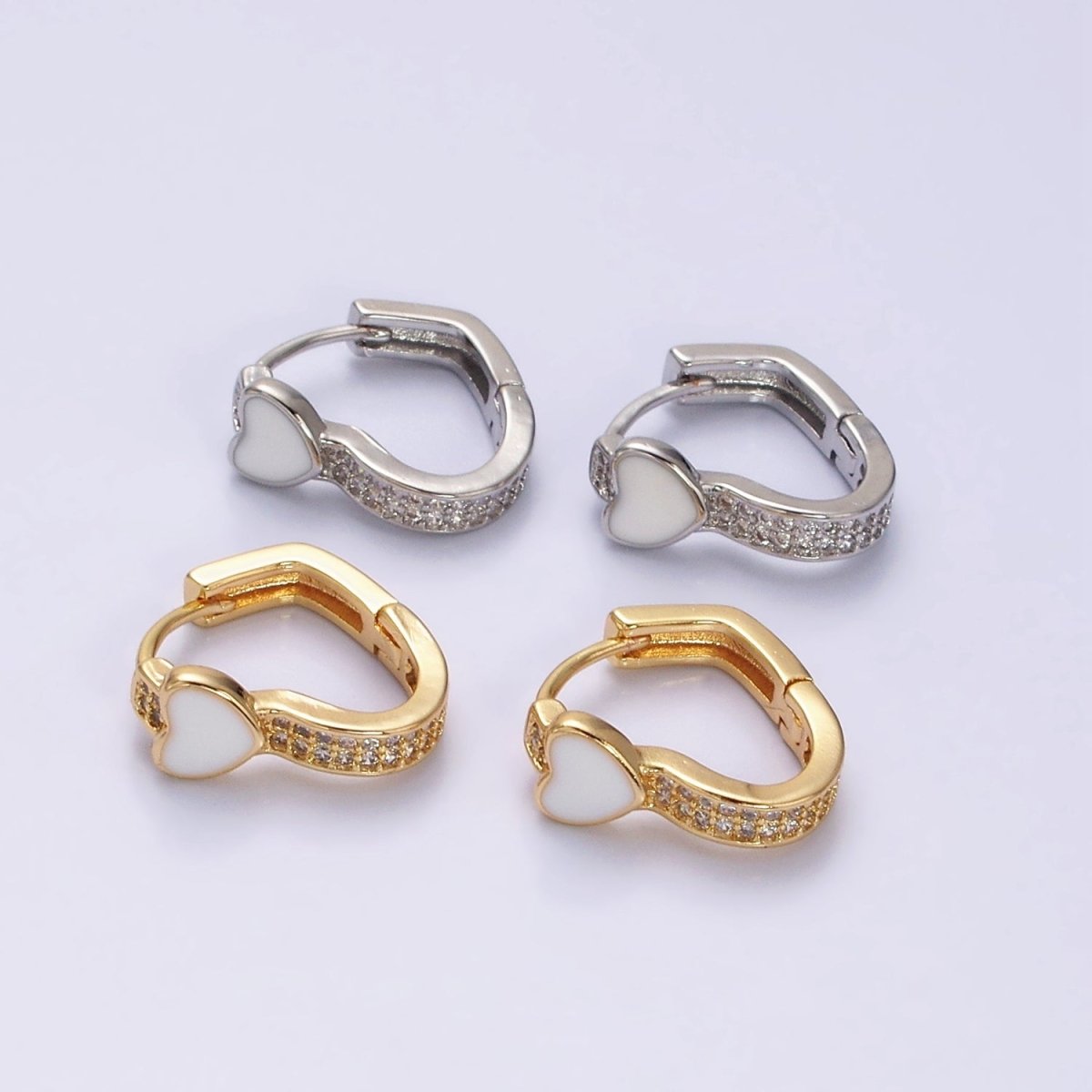 16K Gold Filled Heart White Enamel Micro Paved CZ 15.7mm Huggie Earrings in Gold & Silver | AD-369 AD-370