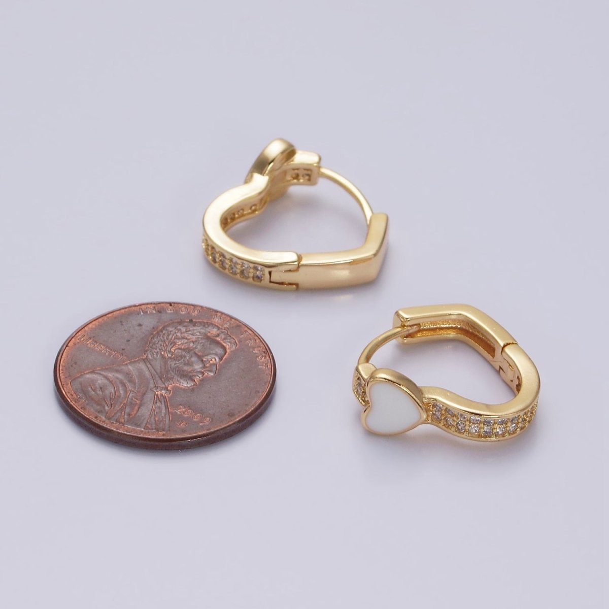 16K Gold Filled Heart White Enamel Micro Paved CZ 15.7mm Huggie Earrings in Gold & Silver | AD-369 AD-370