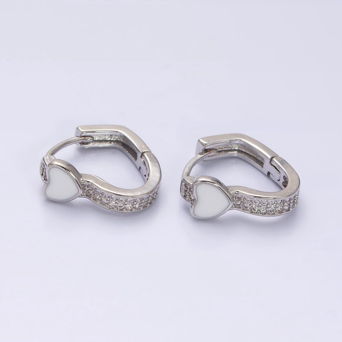 16K Gold Filled Heart White Enamel Micro Paved CZ 15.7mm Huggie Earrings in Gold & Silver | AD-369 AD-370