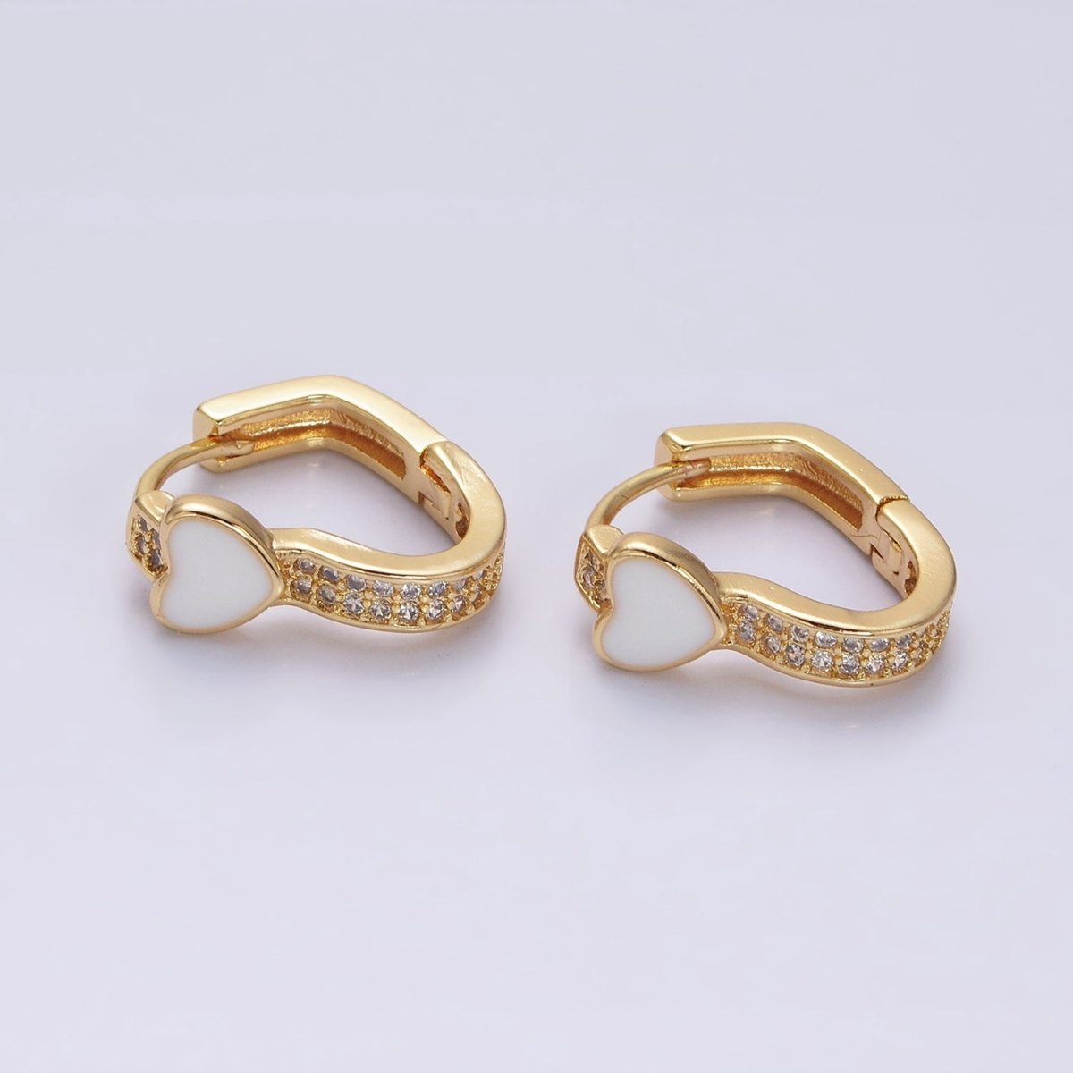 16K Gold Filled Heart White Enamel Micro Paved CZ 15.7mm Huggie Earrings in Gold & Silver | AD-369 AD-370