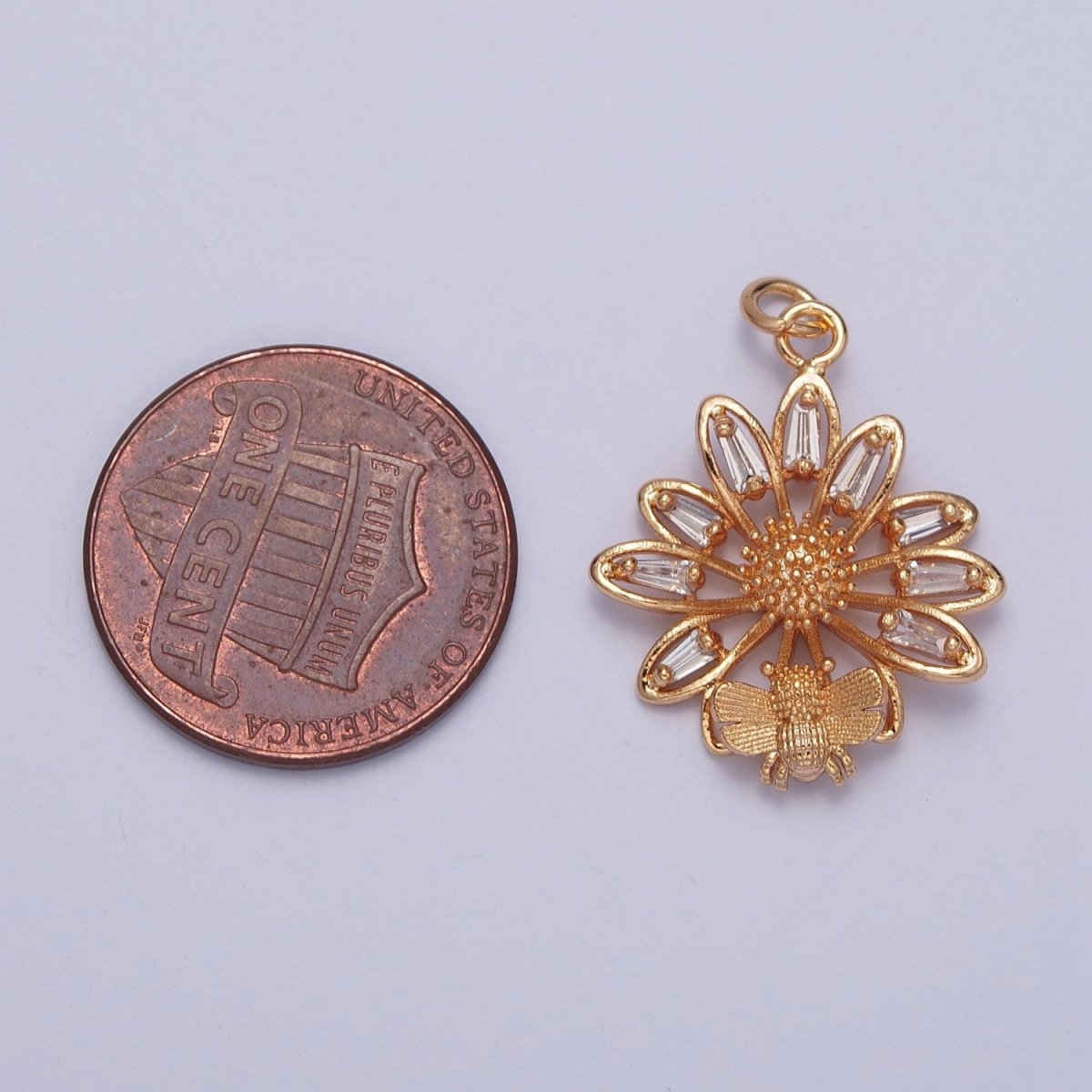 16K Gold Filled Honey Bee & Flower Baguette CZ Petal Charm For Spring Garden Jewelry | X-220